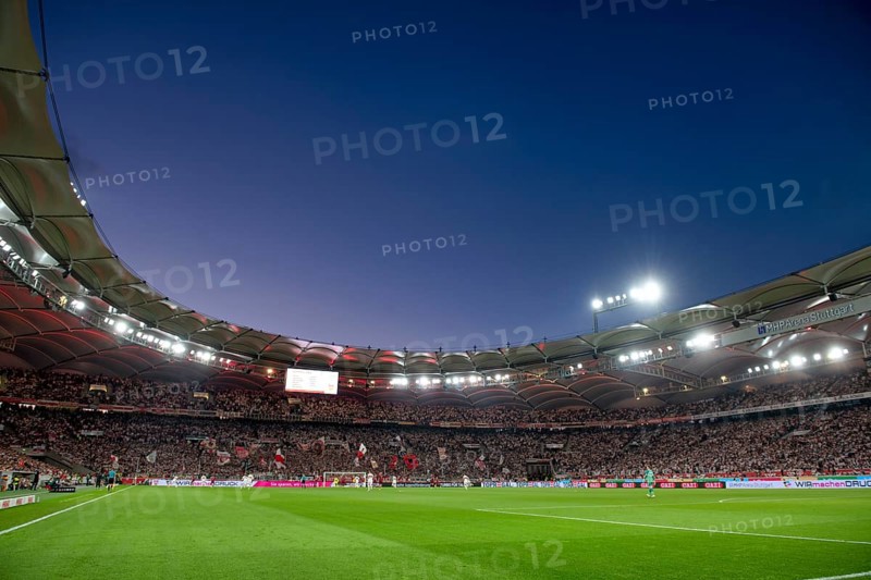Long shot, overview, floodlight match, blue hour, Cannstatter Kurve, MHPArena, MHP Arena Stuttgart, Baden-Württemberg, Germany, Europe