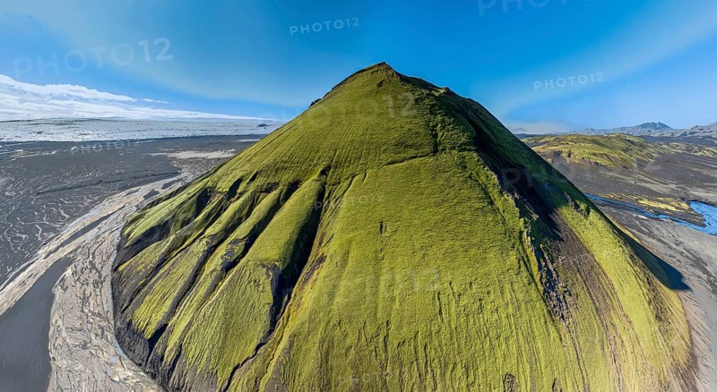 Aerial view, Mælifell mountain covered with moss, Maelifell, black sand desert Mælifellssandur, glacial streams, glacier Myrdalsjökull, Icelandic highlands, Iceland, Europe