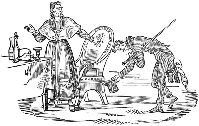 The obsequious priest Thaddeus apologises to the papal nuncio for a heretical speech on the battlefield at Sempach, Lucerne Catholicism, City of Lucerne in 1830, Reverend at table, Food, drink, meal, parody, satire, Lucerne, woodcut illustration, Swiss calendar for 1848