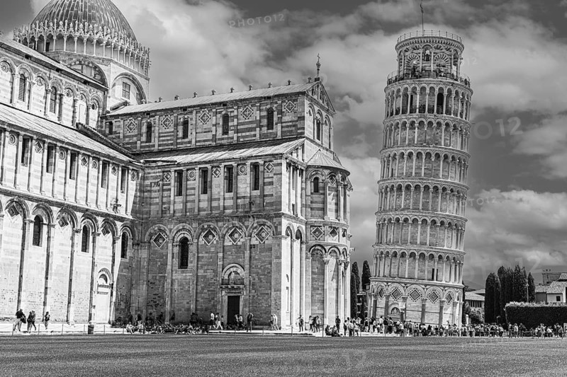 The Cathedral of Santa Maria Assunta and the Leaning Tower, black and white photograph, Pisa, Tuscany, Italy, Europe
