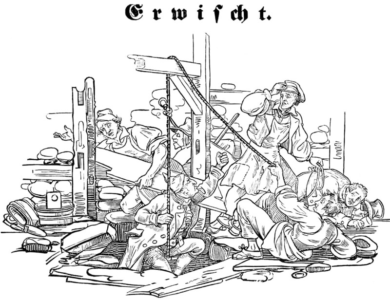 Caught, rich builder refuses to pay his servants, official caught in the act, house building, bricklayer trade, carpenter, work, avarice, subject, illegal labour, woodcut illustration, Swiss calendar for 1848