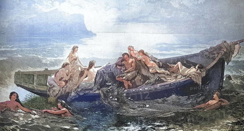 The Fisherman and the Mermaids, Fisherman distracted from his work by the mermaids, 1880, after a painting by Wilhelm Kray, reproduction of an original, around 1900, historical, coloured, Surviving a dramatic shipwreck in stormy sea waves
