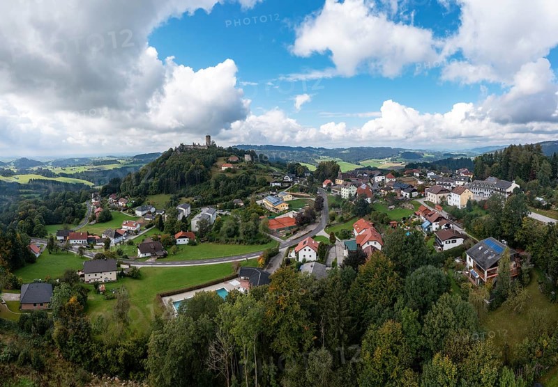 Drone shot, view of the town, Waxenberg castle ruins, Waxenberg, Mühlviertel, Upper Austria, Austria, Europe