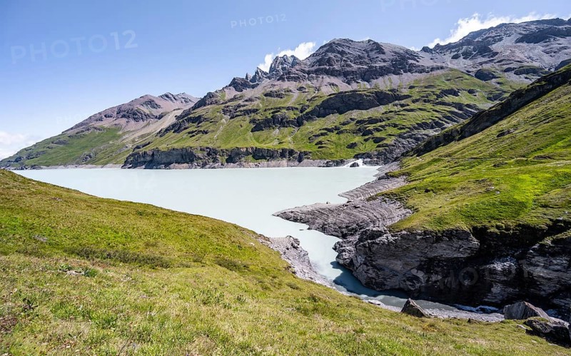 Blue mountain lake, Lac des Dix reservoir, Valais Alps, Valais, Switzerland, Europe