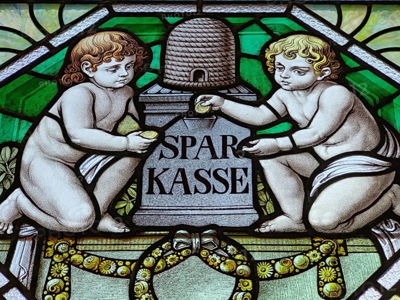 Stained glass window with savings bank motif, Art Nouveau, Quedlinburg, Saxony-Anhalt, Germany, Europe