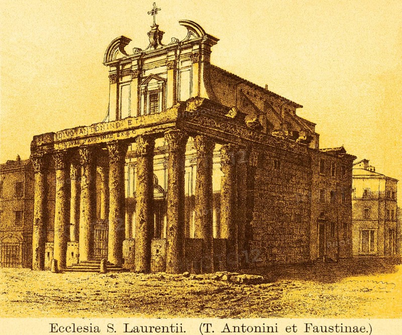 Church Ecclesia S. Laurentii, Temple of Antoninus Pius and Faustina, title, forecourt with columns, ancient Rome, Italy, coloured historical illustration from 1882, Europe