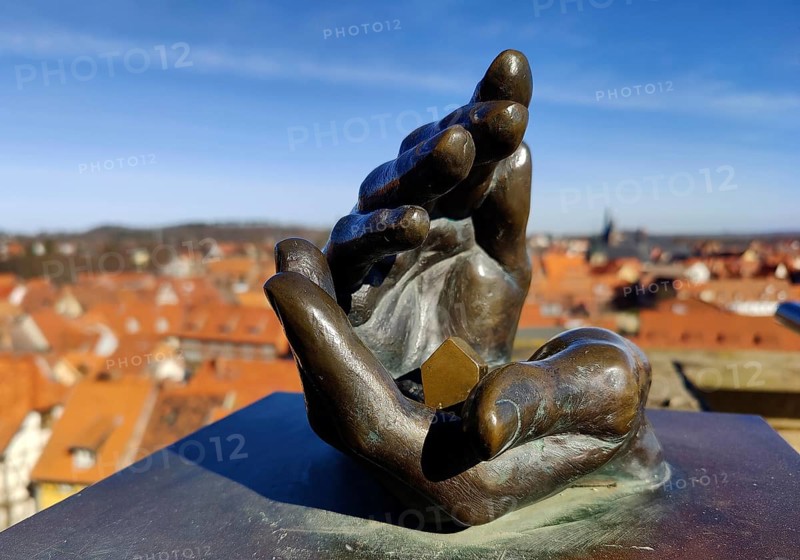 The protecting hand, honouring Gottfried Kiesow and the German Foundation for Monument Protection on Quedlinburg Castle Hill, Germany, Europe