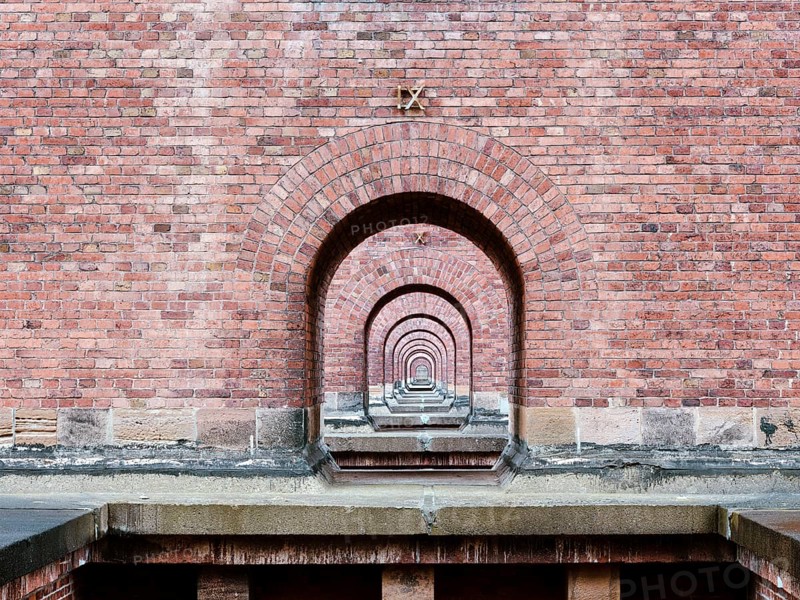 Detail of the Göltzschtal Bridge, view through the bridge arches, largest brick bridge in the world, Vogtland, Reichenbach, Saxony, Germany, Europe