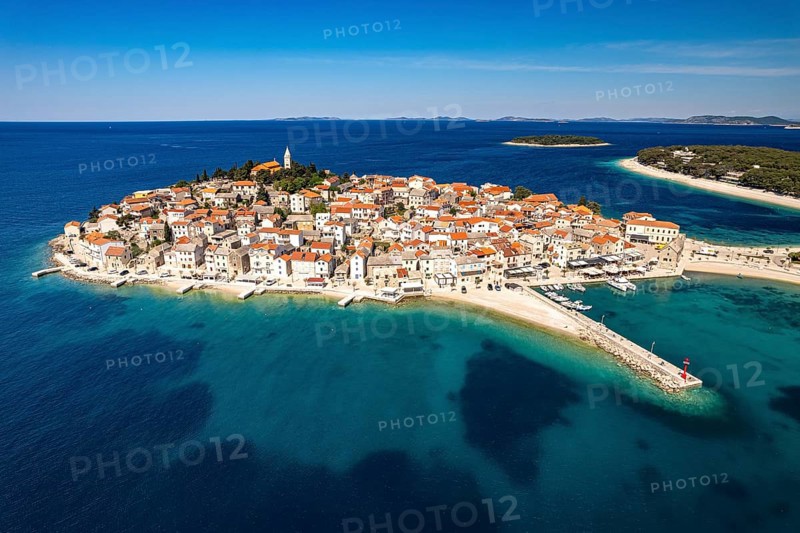 The peninsula with the old town centre of Primosten seen from the air, Croatia, Europe