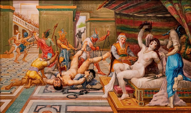 Samson and Dalila, Samson, figure from the Book of Judges in the Old Testament and hero of the Israelite tribe of Dan, and Delilah, bribed by the Philistines to reveal the secret of his strength to Samson, who was considered invincible, painting by Jean-Baptiste Cariven (1843 to 1904, French painter), reproduction of a 19th century painting, digitally restored, historical