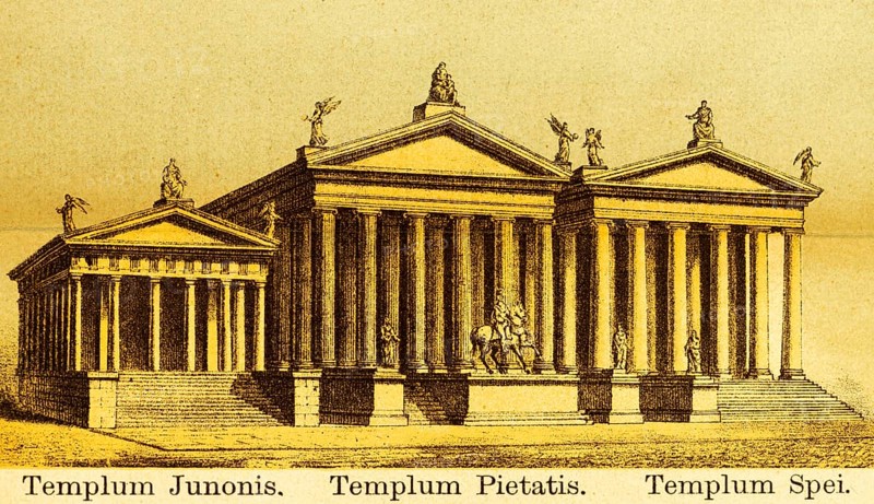 Templum Juninis, Templum Pietatis, Templum Spei, temple, columns, statues, stairs, equestrian statue, title, ancient Rome, Italy, coloured historical illustration from 1882, Europe