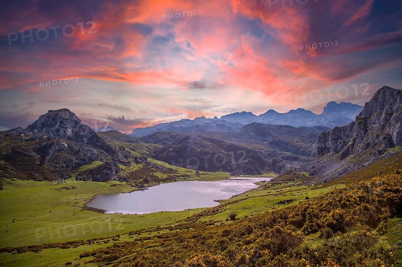 The beautiful lake of Covadonga in Asturias, a beautiful spring sunset, Picos de Europa. Spain