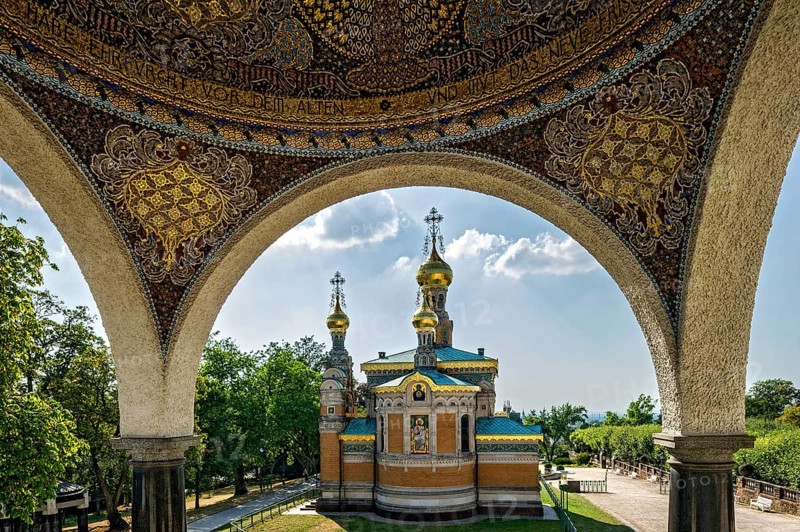 Russian Chapel of St Mary Magdalene by Leonti Nikolayevich Benois, mosaic in the canopy on the exhibition building, Art Nouveau, UNESCO World Heritage Site, Mathildenhöhe artists' colony, Darmstadt, Hesse, Germany, Europe