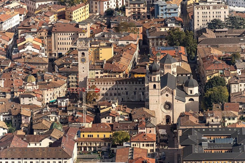 Trento Cathedral, Palazzo Pretorio and the historic city centre seen from above, Trento, Trentino, Italy, Europe