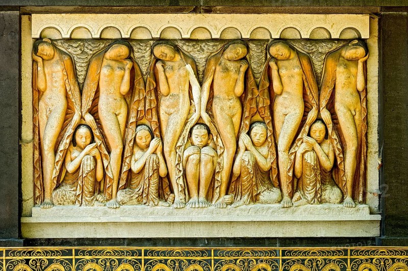 Relief group, sculpture Sleep, by Bernhard Hoetger in the plane tree grove, Art Nouveau, UNESCO World Heritage Site, Mathildenhöhe artists' colony, Darmstadt, Hesse, Germany, Europe