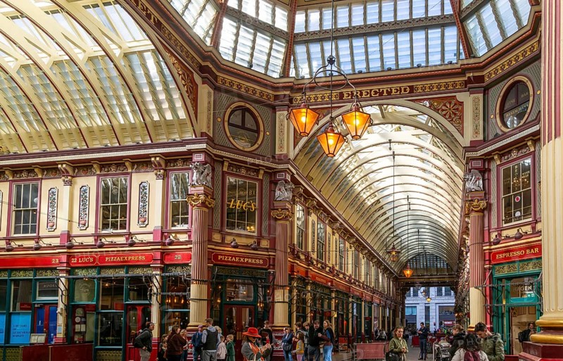 Historic covered shopping arcade Leadenhall Market, City of London, London, England, UK architect Sir Horace Jones 1881