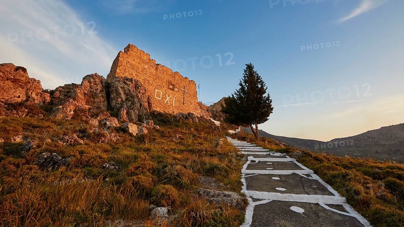 Warm evening light, path leading to a ruin with a single tree under a clear sky, Archangelos, castle, place, Castle of Archangelos, Rhodes, Dodecanese, Greek Islands, Greece, Europe
