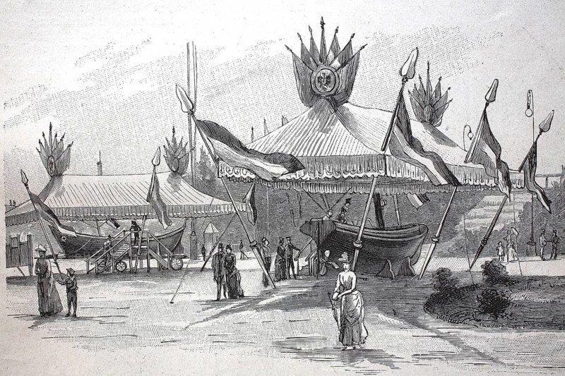 Exhibition on accident prevention in Berlin 1889, lifeboat with trolley and steam lifeboat, digital reproduction of an original from the 19th century, historical