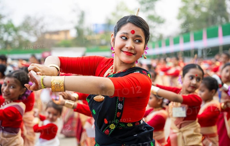 Participants with an instructor dance on the final day of a Bihu dance workshop ahead of Rongali Bihu Festival, in Guwahati, Assam, India on 12 April 2025