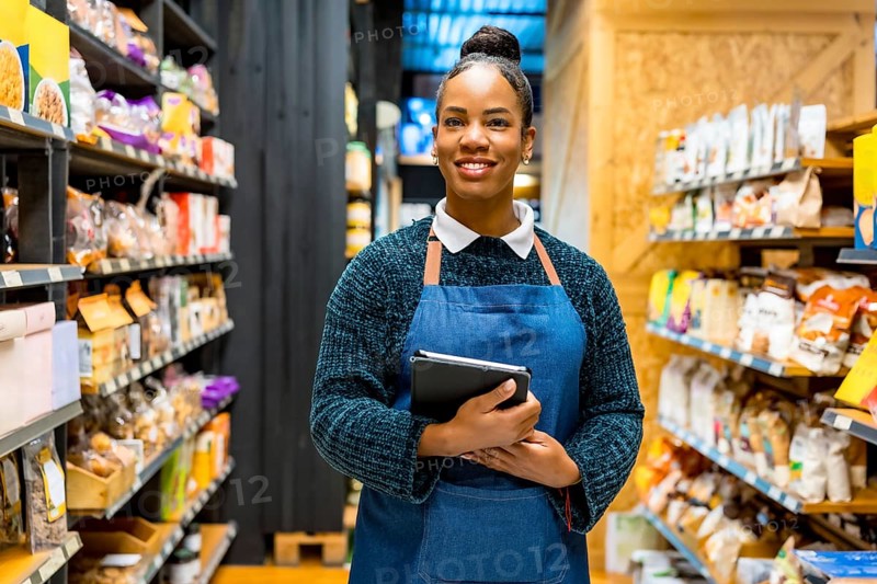 Confident saleswoman in an apron, smiling while holding a digital tablet and working among shelves of organic products