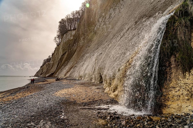 Waterfall of the Kiel stream on the Kiel shore and the famous chalk cliffs on the Baltic Sea coast in Jasmund National Park, Ruegen Island, Mecklenburg-Western Pomerania, Germany, Europe