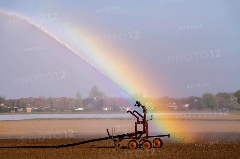 Artificial irrigation of a field, freshly sown, in April, with a sprinkler system, long dry spell in spring makes this necessary for the young plants to grow well, near Kerken, Lower Rhine, North Rhine-Westphalia, Germany, Europe