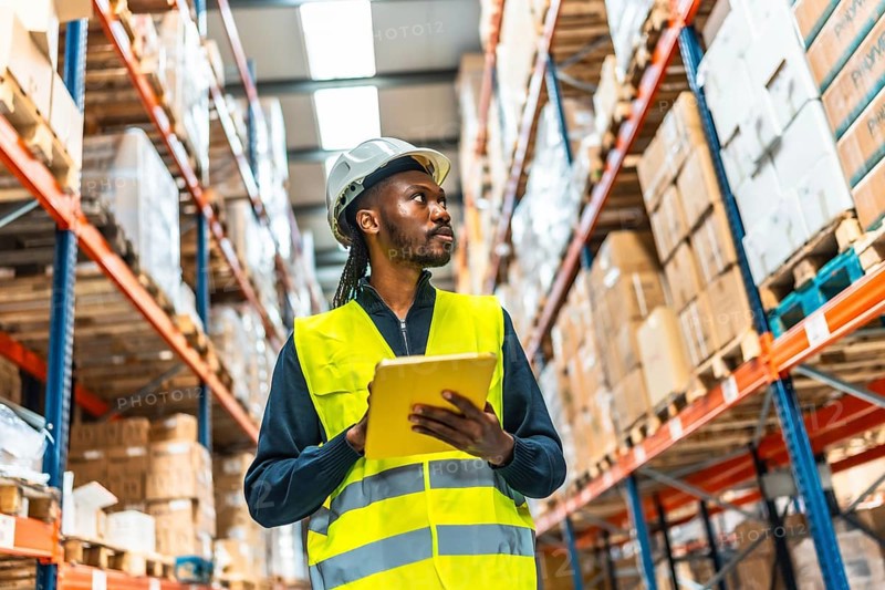 African warehouse supervisor using tablet while working tracking packages and doing inventory