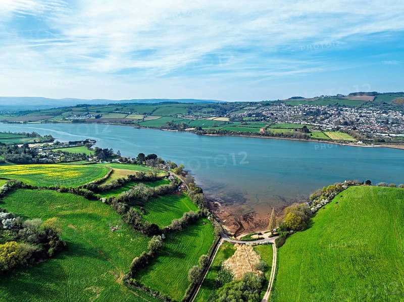 Farms and Fields over River Teign from a drone, Teignmouth, Shaldon, Devon, England, United Kingdom, Europe