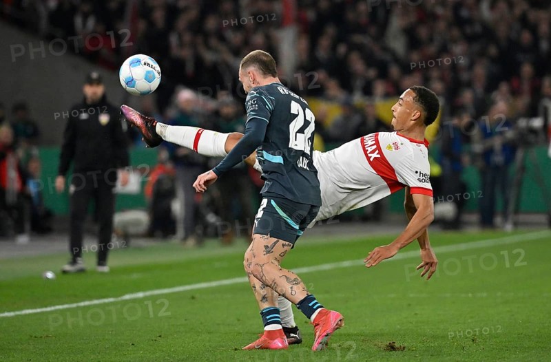 Duel, action Jamie Leweling VfB Stuttgart (18) against David Raum RasenBallsport Leipzig RBL (22) semi-final, DFB Cup, MHPArena, MHP Arena Stuttgart, Baden-Württemberg, Germany, Europe