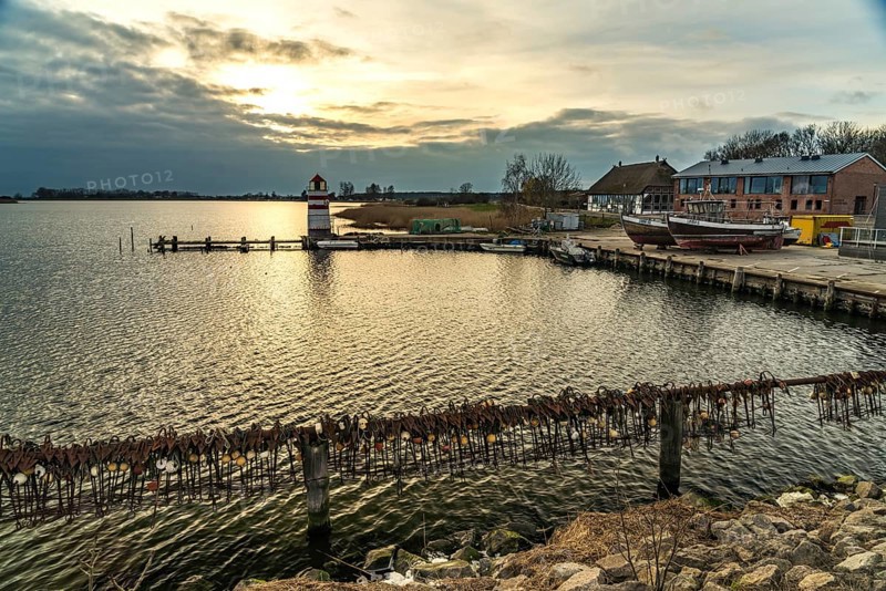 Harbour and lighthouse of Waase, Ummanz, Island Ruegen, Mecklenburg-Western Pomerania, Germany, Europe