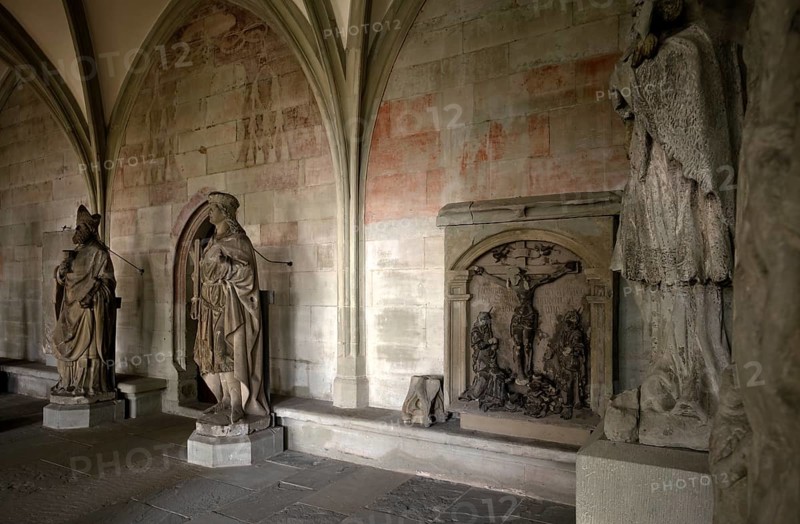 Statues, frescoes, wall paintings, early Gothic cloister, Cathedral of Our Lady, Constance, Baden-Württemberg, Germany, Europe