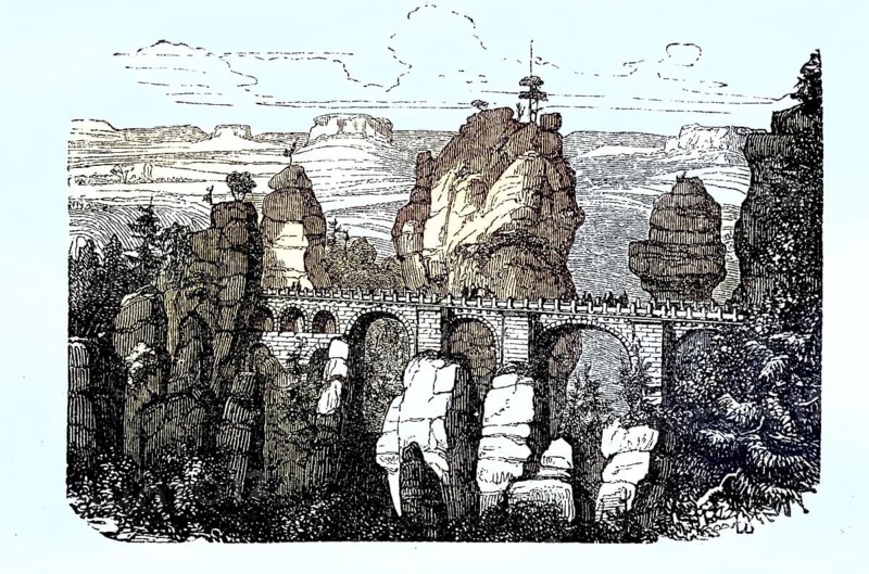 The Bastei Bridge in Saxon Switzerland, Saxony, Deutschland, 1870 / Die Basteibrücke in der Sächsischen Schweiz, Elbsandsteingebirge, Sachsen, 1870, Historisch, historical, digital improved reproduction of an original from the 19th century / digital reproduction of an original from the 19th century