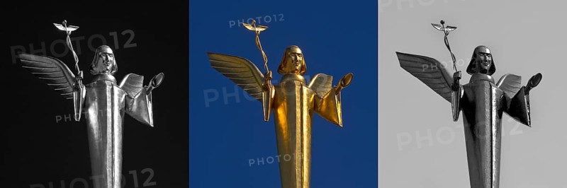 The Golden Angel by Fritz Bartsch-Hofer on the roof of the Engel pharmacy in Giessen, graphic variations, Hesse, Germany, Europe