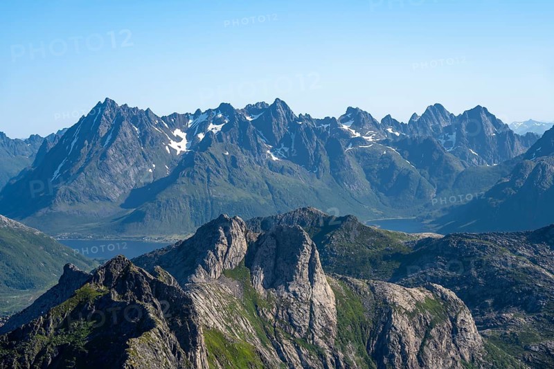 Mountain landscape, view of mountain peaks at the summit of Rundfjellet, Svolvaer, Nordland, Norway, Europe
