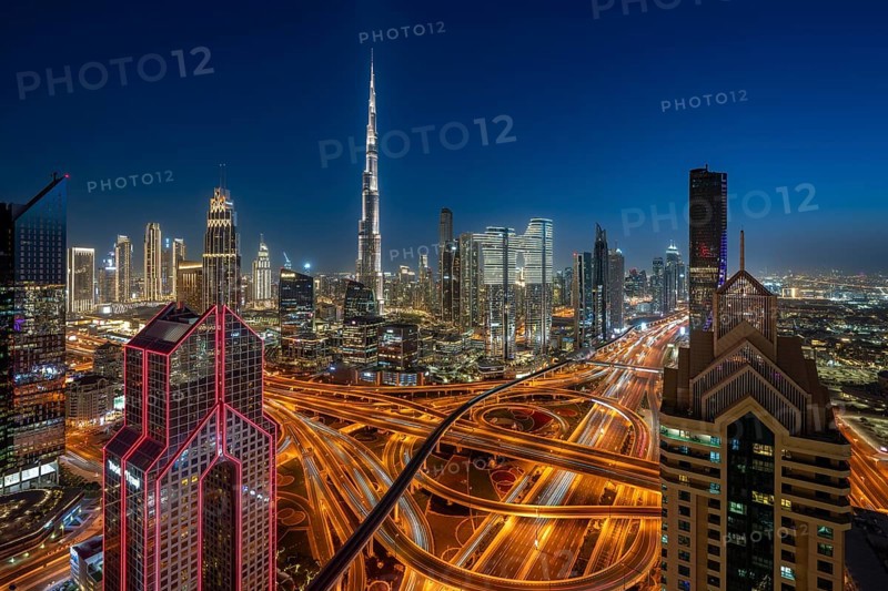 Dubai skyline at night, Burj Khalifa tallest building in the world, United Arab Emirates, Asia