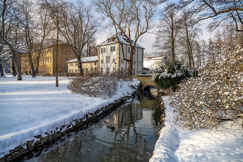 The snow-covered Gräflicher Park in Bad Driburg in winter, North Rhine-Westphalia, Germany, Europe