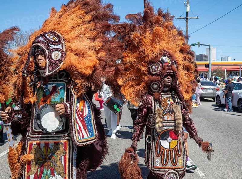 New Orleans, Louisiana - The Mardi Gras Indians' Super Sunday parade. African-Americans create elaborate costumes for the annual event to honor Native Americans who, during slavery, helped helped people escape and gave them refuge