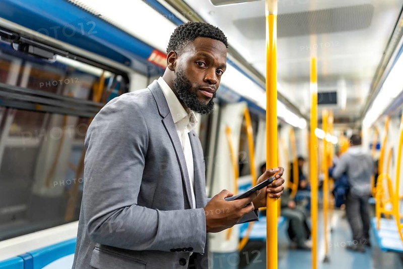Young businessman using smartphone while commuting on subway train, holding handrail and looking away