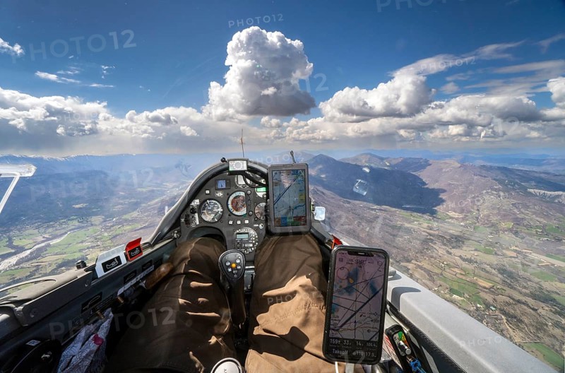 Cockpit, glider, instruments, weather, cumulus, flying, aviation, sport, leisure, aerial view, France, Provence, Europe