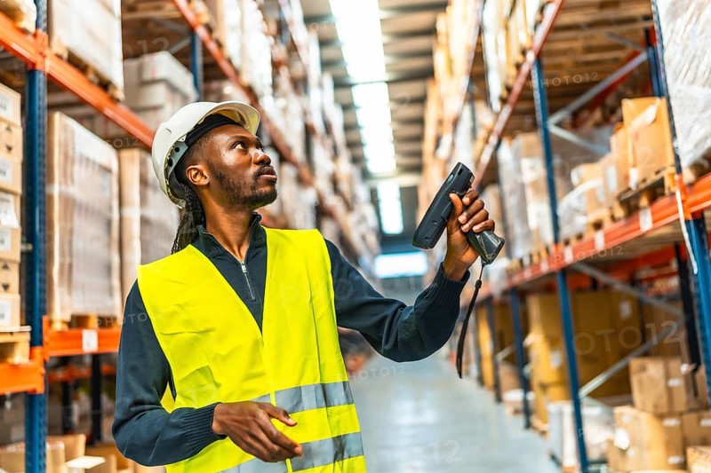 Side view of an african worker scanning package with bar code reader in a distribution warehouse