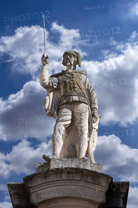 Sculpture of a soldier on a column in front of the Ellingen Residence, Ellingen, Middle Franconia, Bavaria, Germany, Europe