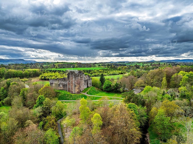 Doune Castle from a drone, Doune, Stirling, Scotland, England, United Kingdom, Europe