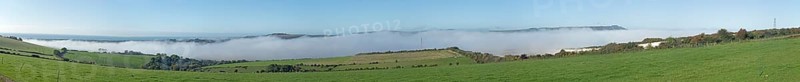 High fog over valley of River Adur, Shoreham by Sea, panoramic view, Photomerge, South Downs, West Sussex, England, United Kingdom, Europe
