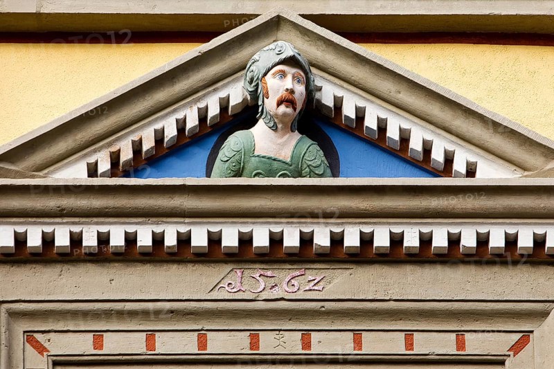 A so-called gaff head on the façade of the Haus zum Roten Ochsen, Renaissance, Erfurt, Thuringia, Germany, Europe