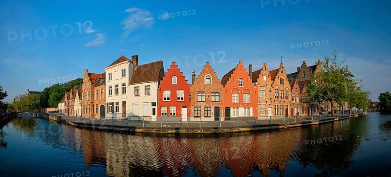 Typical Belgian cityscape Europe tourism concept, panorama of canal and old houses on sunset. Bruges (Brugge), Belgium, Europe