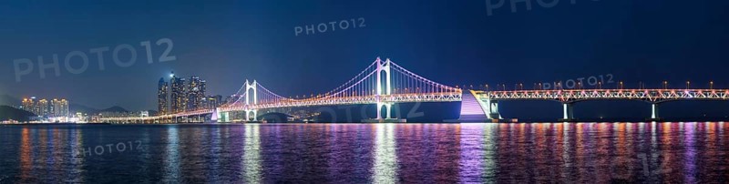 Panorama of Gwangan Bridge and skyscrapers illuminated in the night. Busan, South Korea, Asia