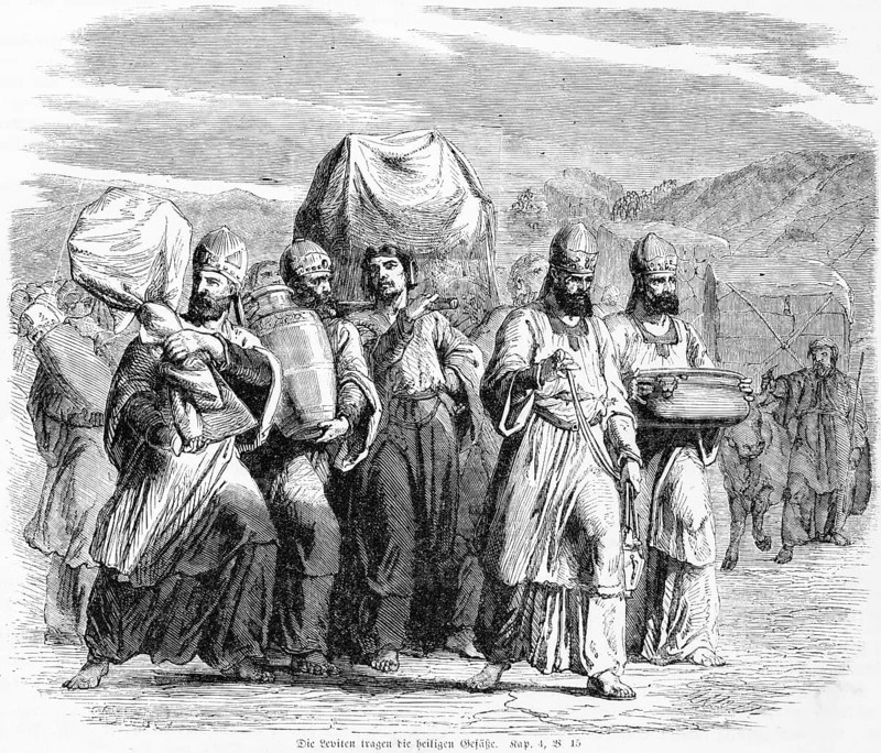 The Levites carry the sacred vessels, offerings, wine, God, Moses, flesh, bull, Aaron, Kohath, sanctuary, crowd, Bible, Old Testament, Genesis, Fourth Book of Moses, chapter 4, verse 15, historical illustration c. 1850
