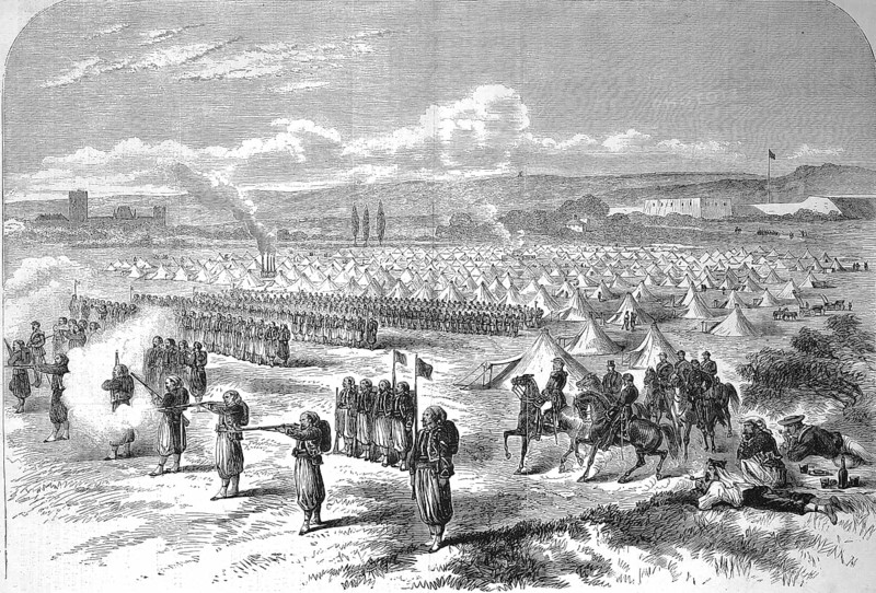 In the Saint-Maur camp, the Zouaves, members of historical infantry units from Algiers, practise using the Chassepot rifle, 1869, France, Historic, digitally restored reproduction of a 19th century original, Europe