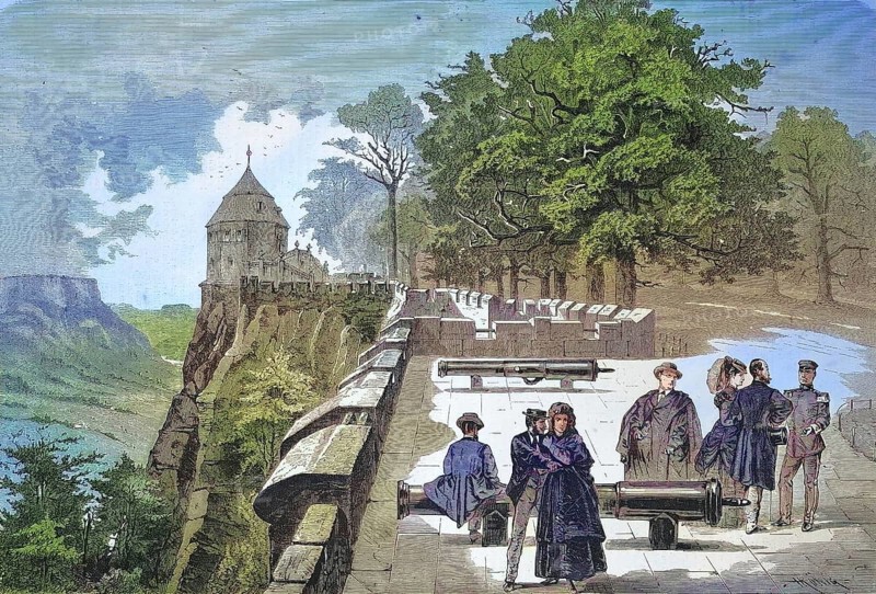 On the cannon platform of the Königstein Fortress, 1869, Saxony, Germany, Historic, digitally restored reproduction of an original 19th century painting, exact original date not known, Europe