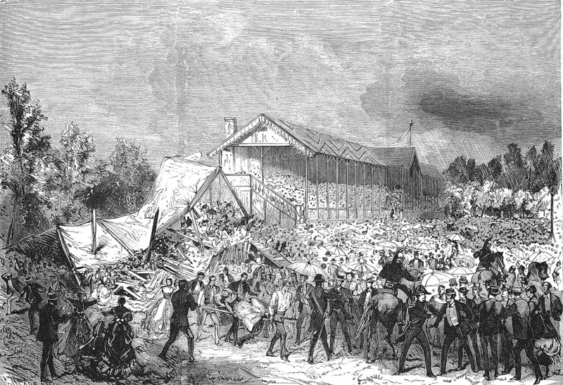 Collapse of the racecourse grandstand in Amiens, 1869, France, Historical, digitally restored reproduction of a 19th century original, exact original date unknown, Europe